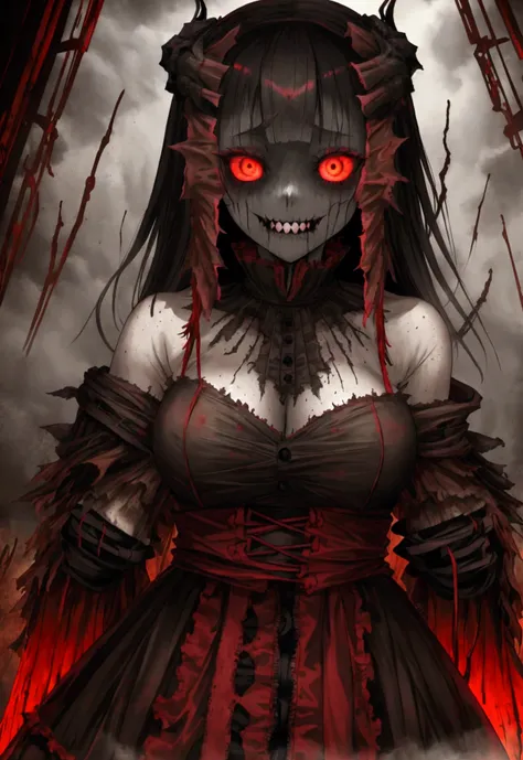 Scary, A long, tattered rag, dark, fog深い, fog, One girl, expensive, Spooky, Horror, wide Spooky smile, Red glowing eyes, Point to viewers, 