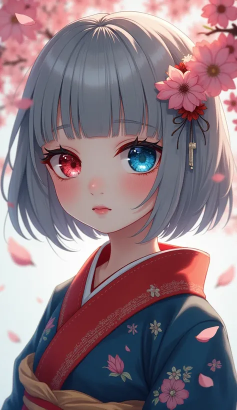 One girl, solo, High resolution, Grey Bob、bangs, bangsぱっつん、Right eye blue、Left eye red、Odd Eye、Full body Japanese clothing、cute、Cherry blossom petals