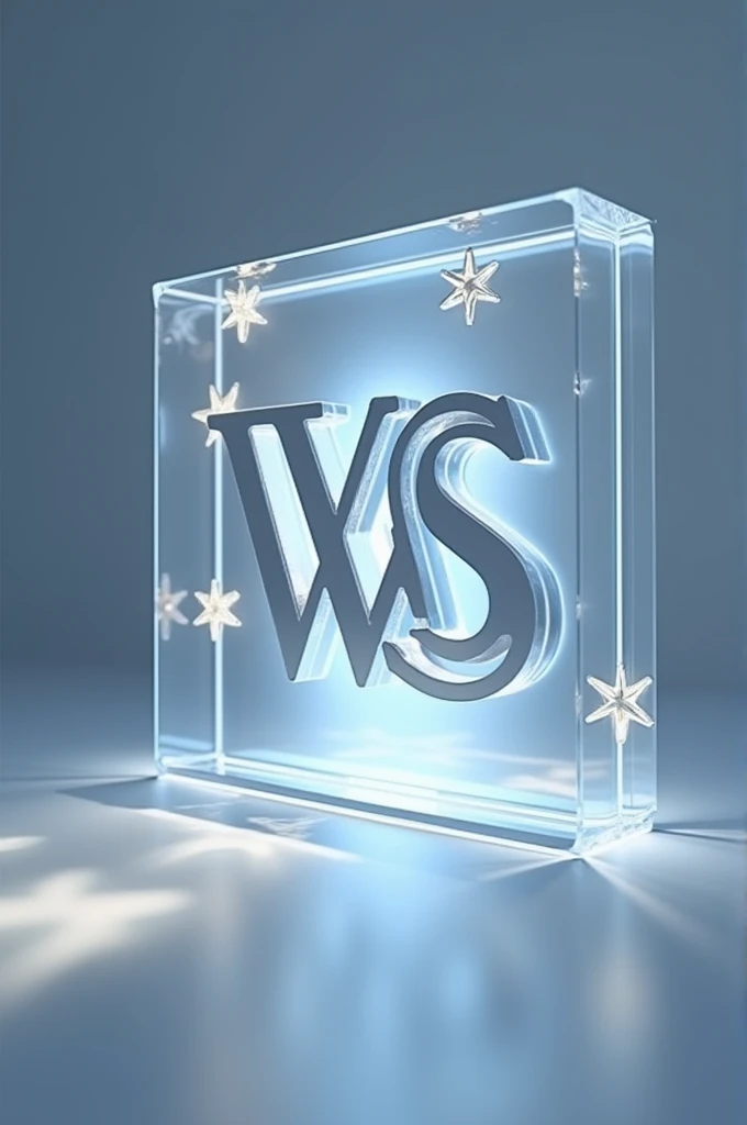 Create a 3D logo that highlights the initials "ws" with meaning "WHITE STAR PUSHLIKE." This logo should have a modern and elegant look., using a transparent acrylic frame style. Focus on depth effects and prominent light, with star accents that add a touch...