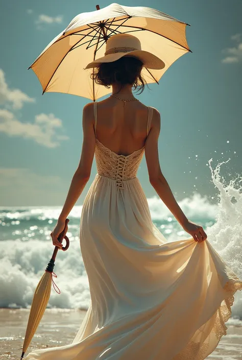  une femme élégante, de dos, portant un chapeau et un parapluie, avec des bourasques de vent. Elle retient son chapeau et son parapluie se retourne. Le vent lui soulève la robe et on aperçoit ses dessous en dentelle blanche