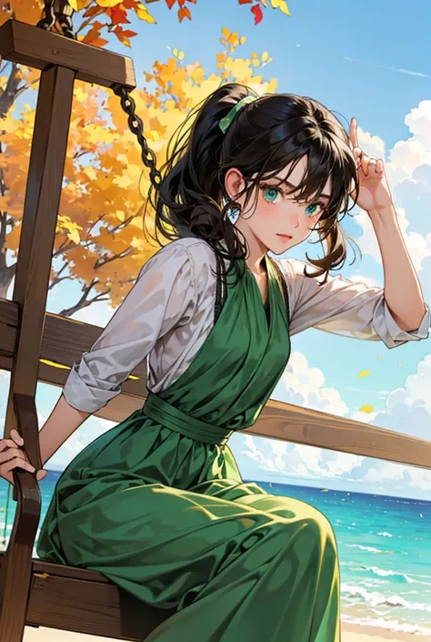 1 guy, black hair, blue eyes, 
1 girl, brown curly valley hair, green eyes, high ponytail, bang, long dress, 
A guy swings a girl on a swing, sunny autumn, swing on the beach