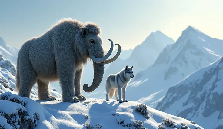 Snowy mountains,A mammoth and a snow wolf stand side by side on the top of a mountain, looking at the beautiful scenery in the distance,Vivid effects and details，Excellent image quality，high resolution




