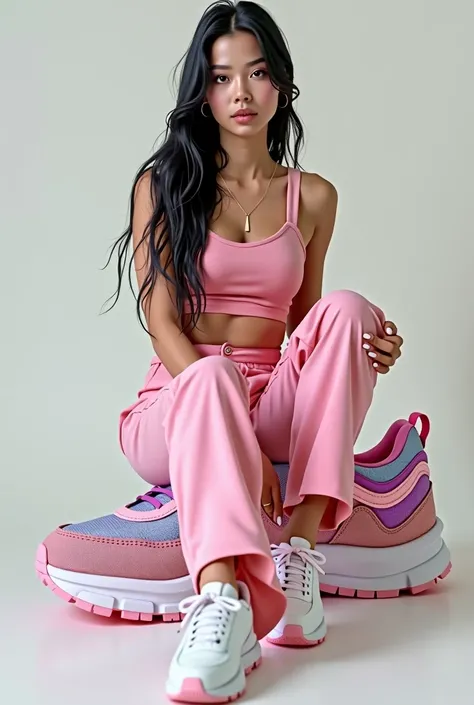 best qualityer:1.4), (ultra high resolution:1.2), (photorrealistic:1.4), (8k, CRU photo:1.2), 1 2 woman with white skin. Long straight black hair loose. honey-colored eyes . She&#39;s wearing a pink crop top. Pink palazzo pants. White sneakers. She is sitt...