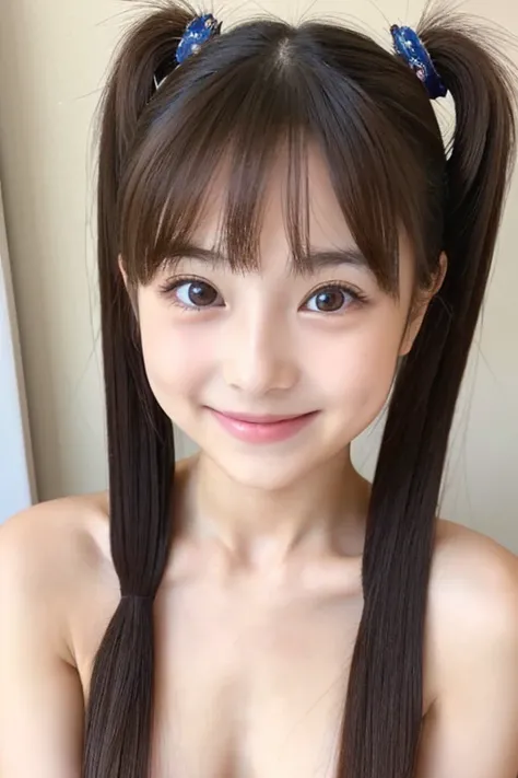 (((Highest quality)))　((masterpiece))　((Real beautiful girl))　 Japanese girl　((Cute face))　(Baby Face)　Cute appearance like an idol　((naked))　(Flat chest)　Slim figure　Her hairstyle is twin tails.　smile