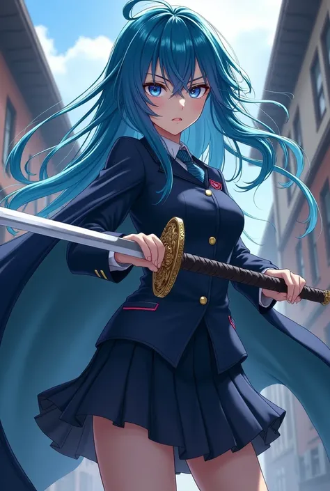 Women, long blue hair, anime,japanese sword,cape,school uniform