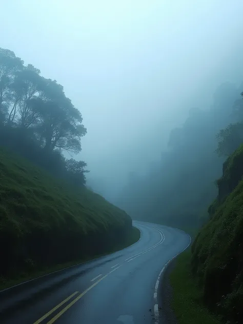 winding road through the misty hills of Nainital on a rainy day, surrounded by dense fog. The road disappears into the fog, with only the lush green foliage and the occasional silhouette of trees visible. Emphasize the sense of journey and mystery. Camera ...