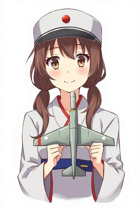 1girl, ryuujou (kancolle), solo, brown hair, twintails, brown eyes, visor cap, magatama, open mouth, aircraft, smile, airplane, white background, japanese clothes, simple background, kariginu, upper body, long hair