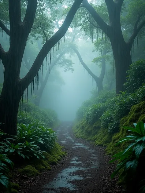 A narrow path through a dense, rain-soaked forest in Nainital, with fog weaving between the trees. The foliage is lush and dripping with rain, and the path is barely visible through the mist. Capture the lush, green beauty and the mysterious ambiance. Came...