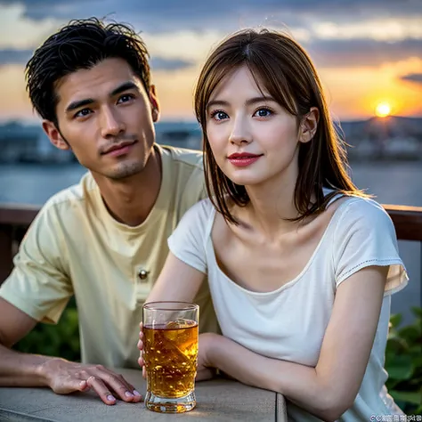 (Realistic, 超Realistic:1.4), 16k hdr, High resolution,Brown short hair,The best smile、Japanese actress,Super Beauty(Like the real thing),Short sleeve dress,Whiskey Bottle、The Macallan、Johnnie Walker、、Old Parr、whiskey、Suntory、Nikka、Slim couple、Model Couple、...