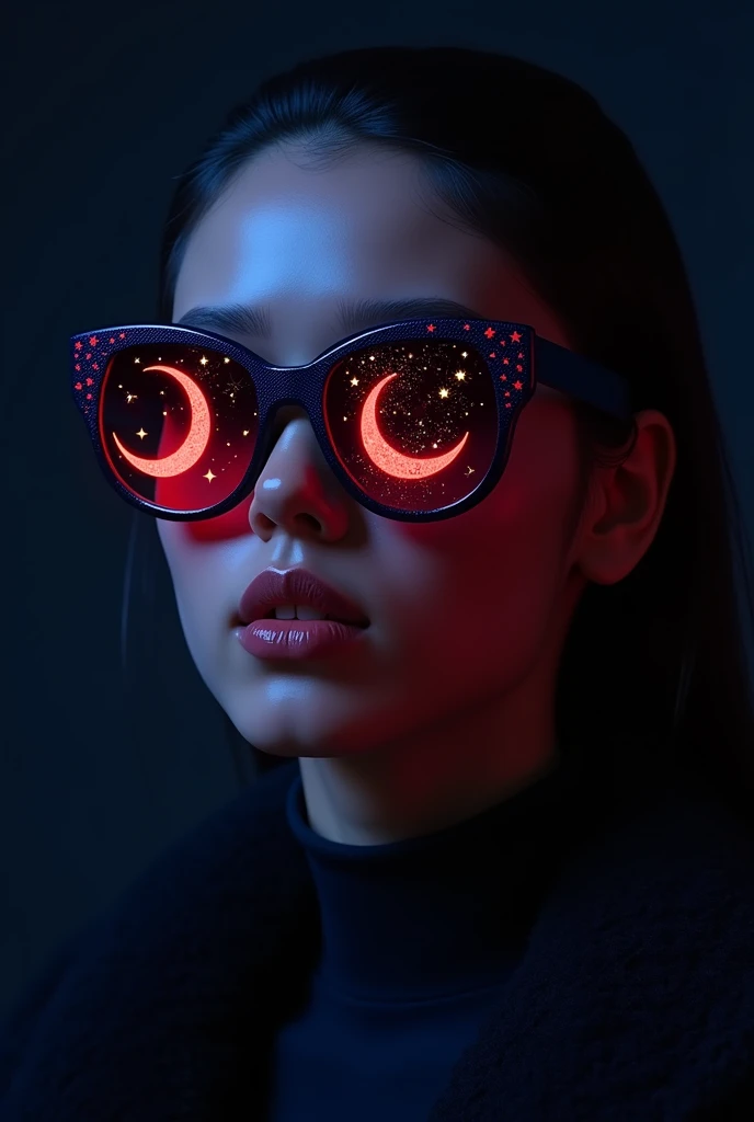 The model is wearing glass sunglasses with stars and the moon on the glass, the moon is red, the shades are blue and red, and its dark