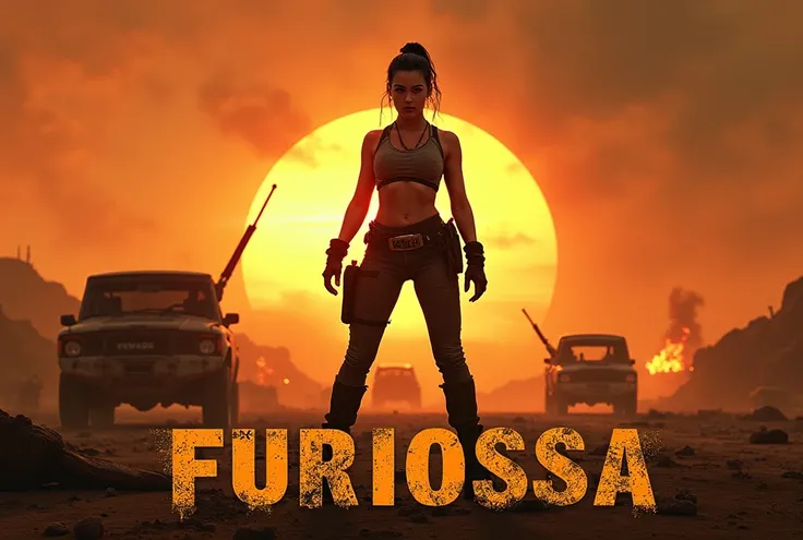 Create a cinematic thumbnail image for the movie Furiosa. The scene should feature Furiosa in a powerful, action-packed pose, set against a post-apocalyptic wasteland with burning wreckage and a dramatic, fiery sunset. Use a bold, gritty color palette with...