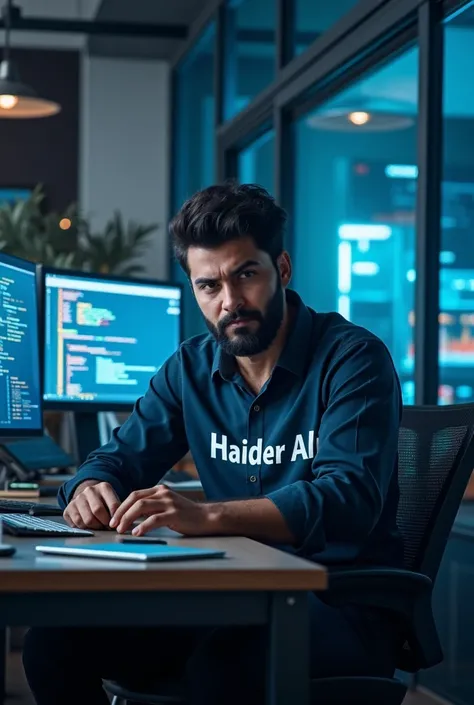 A person wearing a shirt with the name of Haider Ali working on telegram projects 