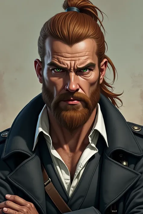 realistic comic style, 40 year old man, strong, dark skin, reddish brown long hair, pony tail, short trimmed full beard, green eyes, black wool coat, White shirt, black vest, stern look, Arms crossed, Belt with small pockets, Long sword hangs on the hip, b...