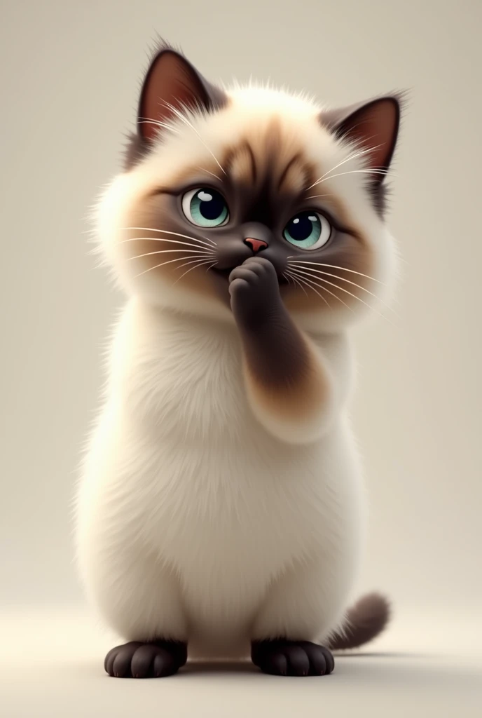 (photorealism:1.2), a Himalayan cat with white body and brown face standing on two feet while covering its mouth with its right paw.