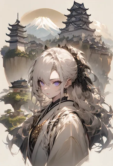 Portrait of a tall warrior。He stares ahead with a confident, piercing gaze.、Her gaze leaves a strong impression on those around her.。The background features old-fashioned Japanese castles and natural scenery.、His nobility and dignity are emphasized。His fig...