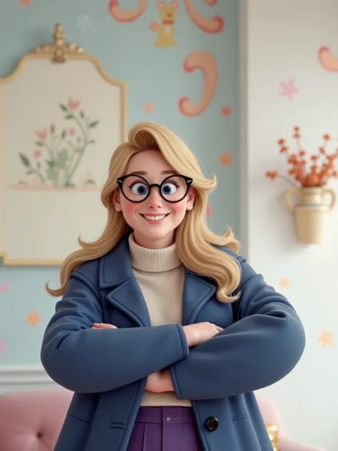  nice lady, blonde, with glasses and a blue coat, Disney cartoon character