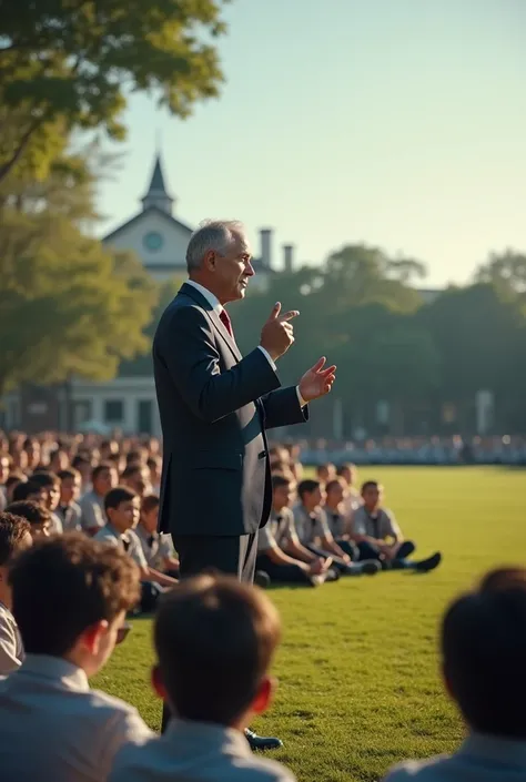 School Ceremony with the Engineer Speaker
A large open-air school ground, with students sitting on the ground. A stage is set up where an inspiring, middle-aged engineer stands, wearing a formal suit, addressing the students. Roht, sitting among the other ...