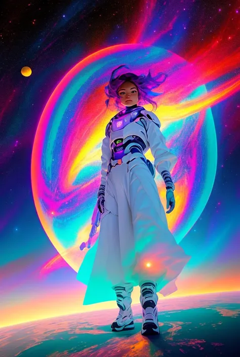 anime girl in the galaxy in front of saturn with glowing and holographic colors