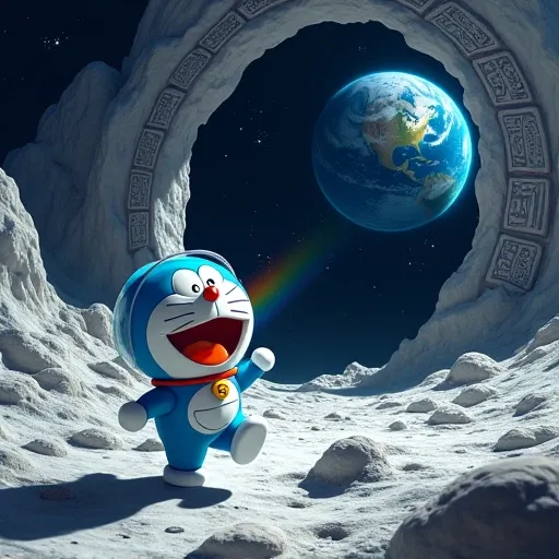 Image of space Doraemon wearing a  stepping down to the space, walking in the space moon, encountering a cave with , ancient characters carved on the door .sharp 4k 3d images  
corgi dog   cyberpunk  RainbowbeamFlash,  group corgi dog Mcdonald&#39;s optica...