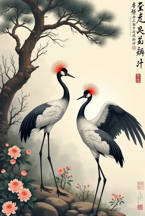 Red-crowned cranes spread their wings , Spreading wings beside the pine tree with rocks and peonies, in the style of Chinese ink painting