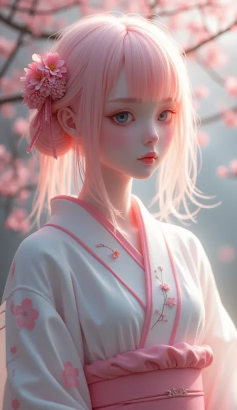 A hyperrealist, Very detailed, and a 16k high resolution image of a young man, beautiful ghost woman or guardian spirit. She has light pink hair and translucent skin.., and is dressed in a traditional Japanese kimono with a small cherry blossom design on t...