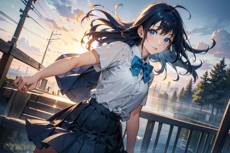 Masterpiece, ultra-definition, 8K portrait, raw photo, portrait photo, high-definition face, beautiful and detailed eyes, ((fantasy)), (dark blue hair: 1.5), ahoge, blue and yellow two bow ties, beautiful high school girl, short sleeve shirt, (gray color p...