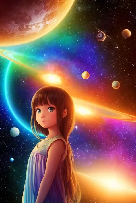 Anime girl in the galaxy in front of Saturn with glowing and holographic colors