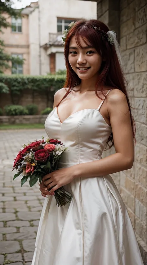 2teenage girl, mongoloid, asian, dark_skin, red hair,smilling, wearing wedding dress and holding wedding book and flowers, happy, wedding background styles, natural lighting