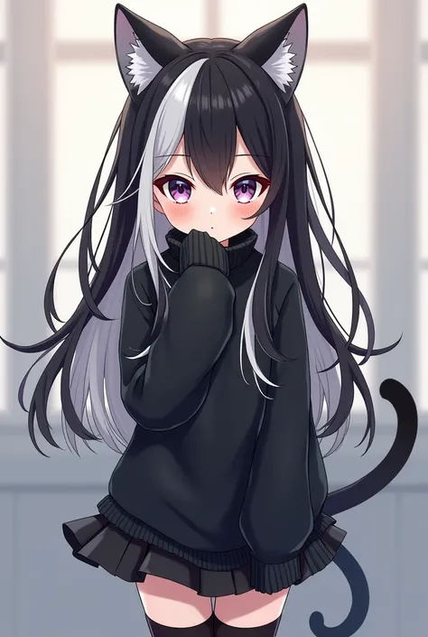 A teenage anime character with black and white hair, wearing a sweater, cat ears, and a cold face. She is a cute long-haired girl wearing stockings, shy, and has a short black skirt.
