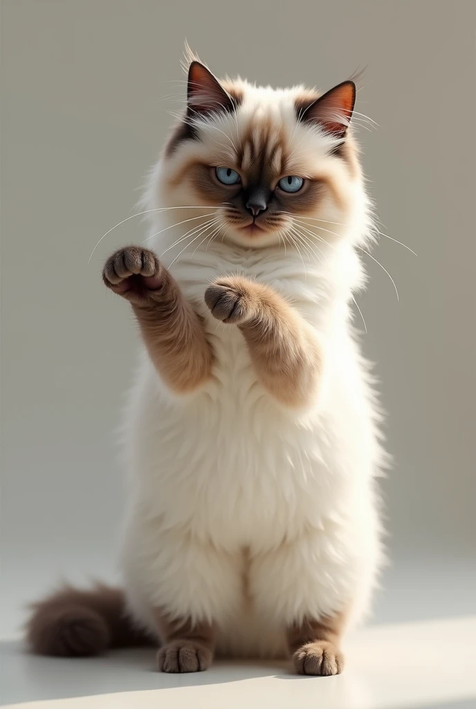 (photorealism:1.2), a Himalayan cat with white body and brown face standing on two feet while sniffing the inside of its right paw while looking down at its feet.