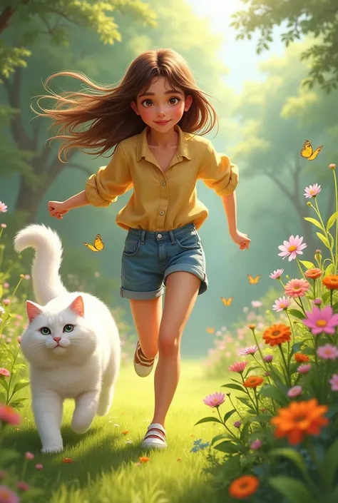  Bency brown hair brown eyes loves animal she have white cat and play with cat
Bency go in garden with white cat an run