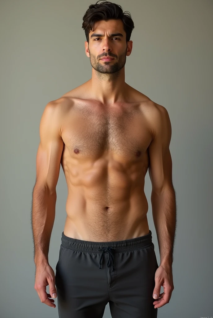 A 2 european spannish italian man, slightly muscular, with short dark brown hair, shirtless. His torso is a little bit hairy. Model video full body