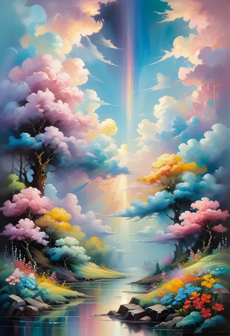 (((Stylistically diverse))), detailed scenes, quirky twist, unique visuals, clouds, and flowers, abstract, surreal âPainted light, âPastel colours, â, âIsolated subjects, â âinnocent colours, Soft Lighting, heavy inky shadows, detailed and intr...