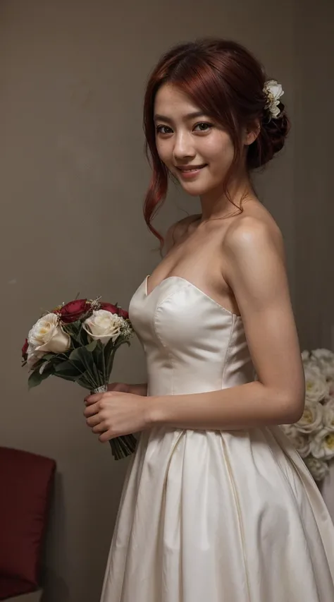 2teenage girl, mongoloid, asian, dark_skin, red hair,smilling, wearing wedding dress, holding wedding book and flowers, happy, wedding background styles, natural lighting