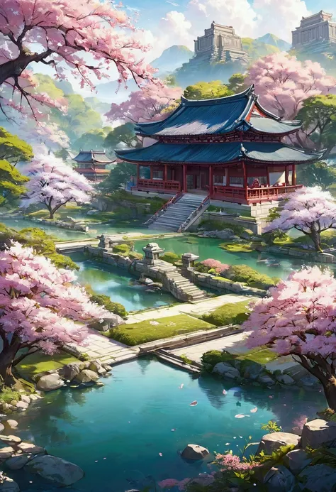 absurd, highres, ultra detailed, beautiful, masterpiece, best quality,Ancient temples, lush gardens, bright colors, quiet ponds, traditional architecture, cherry blossoms