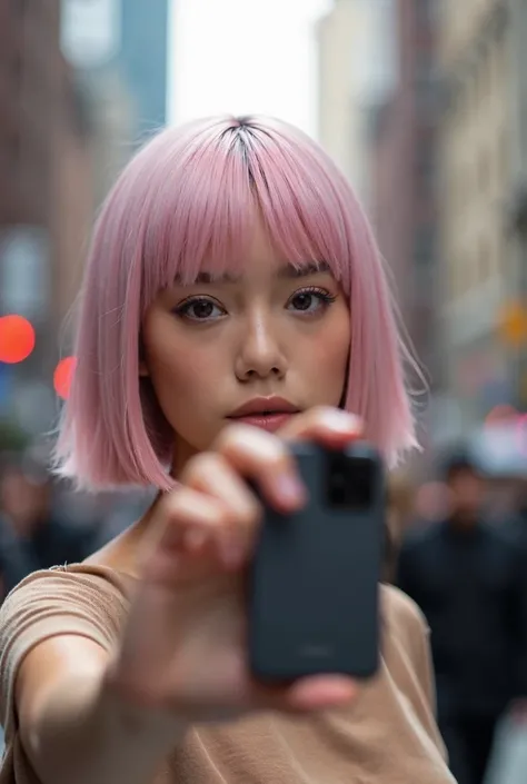 Crée une nouvelle femme à partir de cette image elle a 20 ans elle a des origine hispanique et aussi chinois elle est belle naturelle est naturel  Elle a une coupe de cheveux carré court qui lui arrive à la mâchoire avec une frange épaisse rose pastel elle...