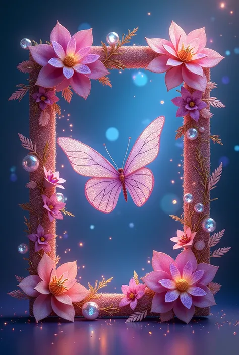 Butterfly and glitter, sparkles themed rectangular frame with gems and decoration