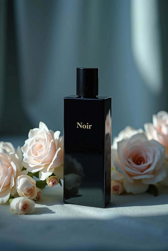 Create a prfume photogrpy with slim and sleak design bottle having bachground of asthtic and qrite a name NOIR on it