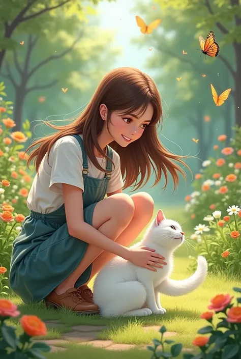  Bency brown hair brown eyes loves animal she have white cat and play with cat
Bency go in garden with white cat an run 
Bency play with butterflies and cat looking her