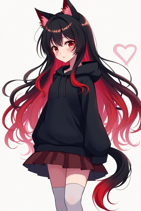 Anime picture of a black hair fade to red long wolf cut hair girl with black cat ears and a black faded to red tail wearing a black hoodie and black skirt with a long white socks 