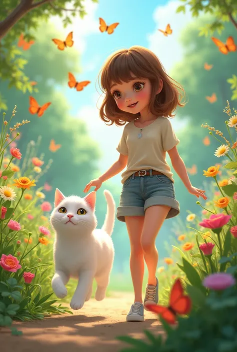  Bency brown hair brown eyes loves animal she have white cat and play with cat
Bency go in garden with white cat an run 
Bency play with butterflies and cat looking her
Cat like butterflies and run for catche the butterflies 