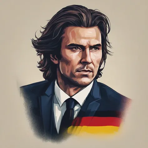 Headshot, front view, German nationality, German, white, soccer manager, male soccer coach, 20s age, wearing suit, black hair, long hair length, fierce face, intense eyes, shouting look, serious
