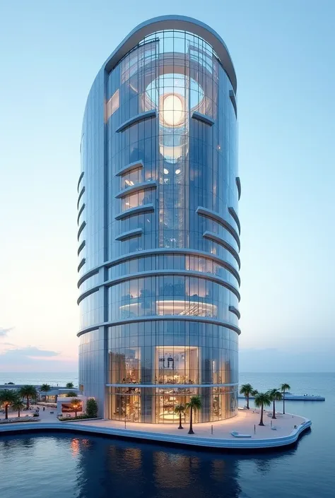 Cylinder building with fully glass window top of mall building. Sea front 