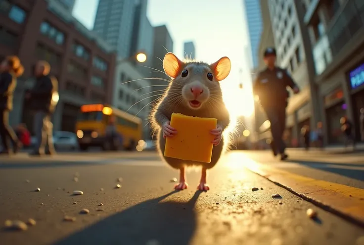 rat holding cheese is (running:1.05) to the viewer, (motion blur:1.1), (police running:1.2), (dynamic:1.1), sun rays, newyork, (taken by go pro:1.3), (taken by 7.5mm fisheye lens:1.1)