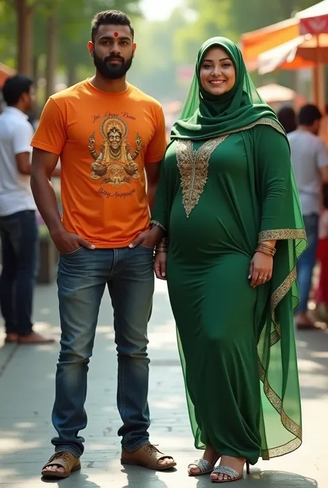 Busty and big booty curvy slim thick muslimah teenage beauty girl flaunts curves in extremely skin tight full body green Arabic abaya hijab dress with transperent long shiny scarf on head.silver high heels.long earrings with tall dark black indian hindu bo...