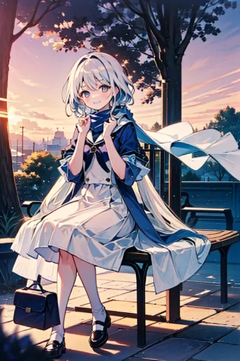 One girl, Furina (Genshin Impact), White Dress, White Skirt, White sailor collar, White scarf, Sitting on a bench, blue sky, sunset, Outdoor, smile. Staring at the audience,