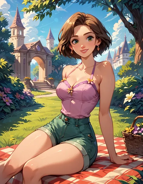 score_9,score_8_up,score_7_up,score_6_up, cinematic film still, 1girl, solo, very sexy (short brown hair Rapunzel, mature woman), tight cargo shorts, halter top, sitting on a picnic blanket, in a beautiful park, flowers, trees, enjoying the outdoors, smili...