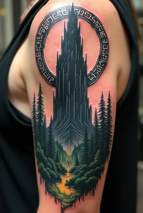 A tattoo of Sauron&#39;s Dark Tower with the writing of the ring at the top surrounding the elven forest