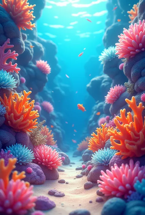 A collection of corals of various shapes，Fill the entire screen，Cartoon、Bright color scheme，3D Effect