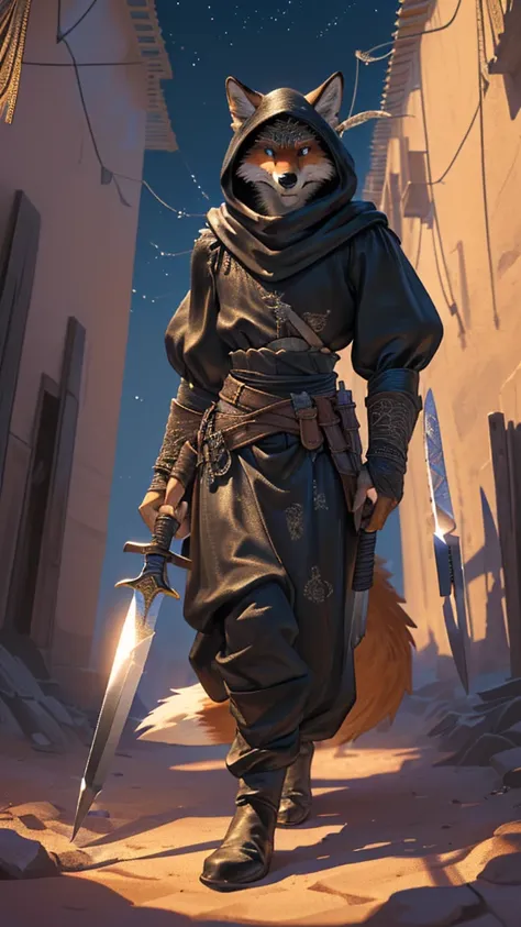 (masterpiece),(highres),(intricate details:1.4),extremely detailed,(illustration:1.2),8k,photorealistic,exquisite,in the desert,night,a dynamic and mature fox,(thieves attire:1.7),(Single person photo:1.9),(Equipped with two white daggers on the waist:1.8)...